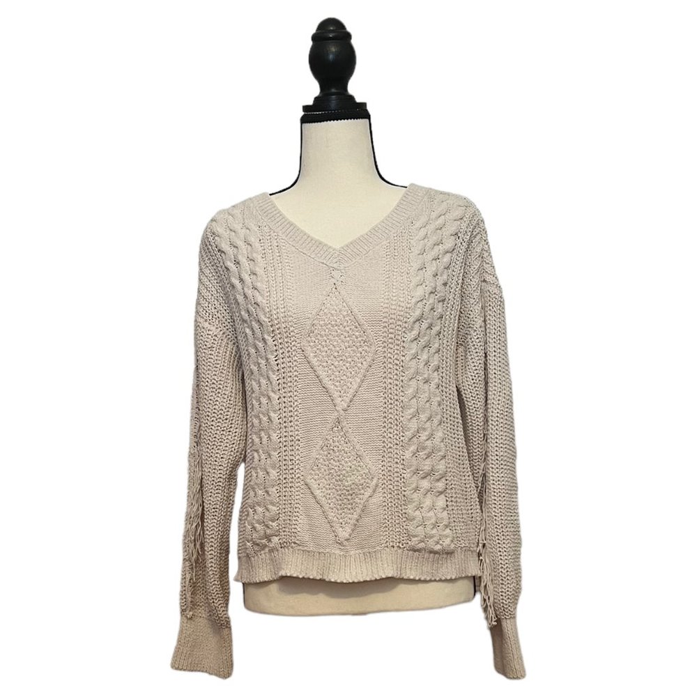 Almost  Famous Cable Knit Sweater w/Fringe, Ivory, Size: Med